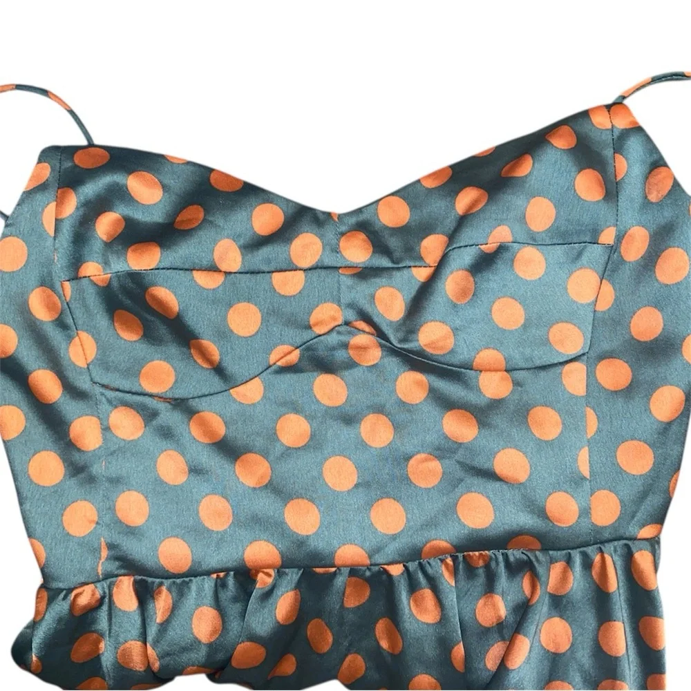 Zara Polka Dot Peplum Cami Top - Green with Orange Dots - Picture 6 of 7